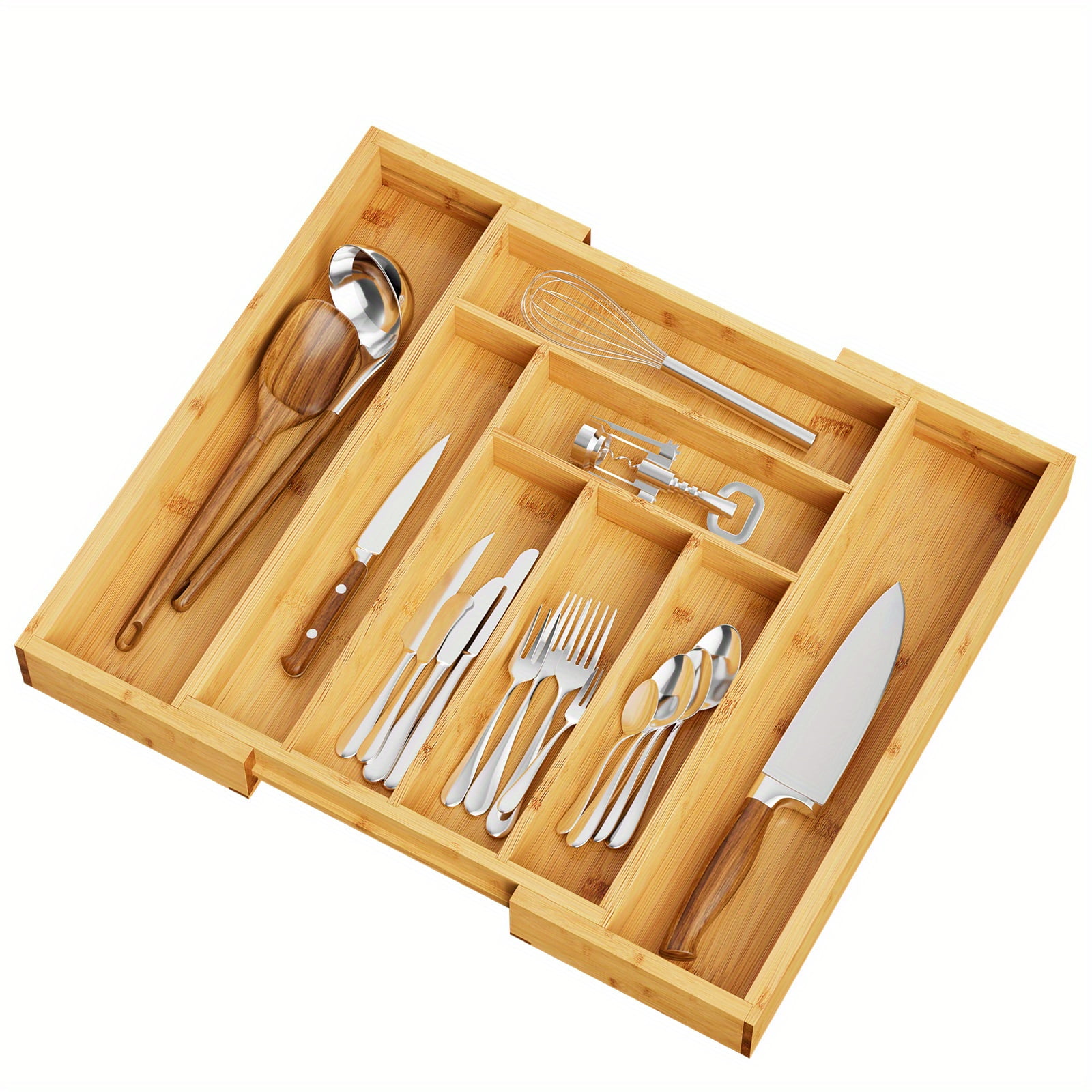 8-Grid Bamboo Expandable Drawer Organizer for Cutlery, Adjustable Wooden Tray for Knives, Forks & Spoons, Lightweight Kitchen, Kitchen Drawer Organizer, Utensil Drawer Organizer
