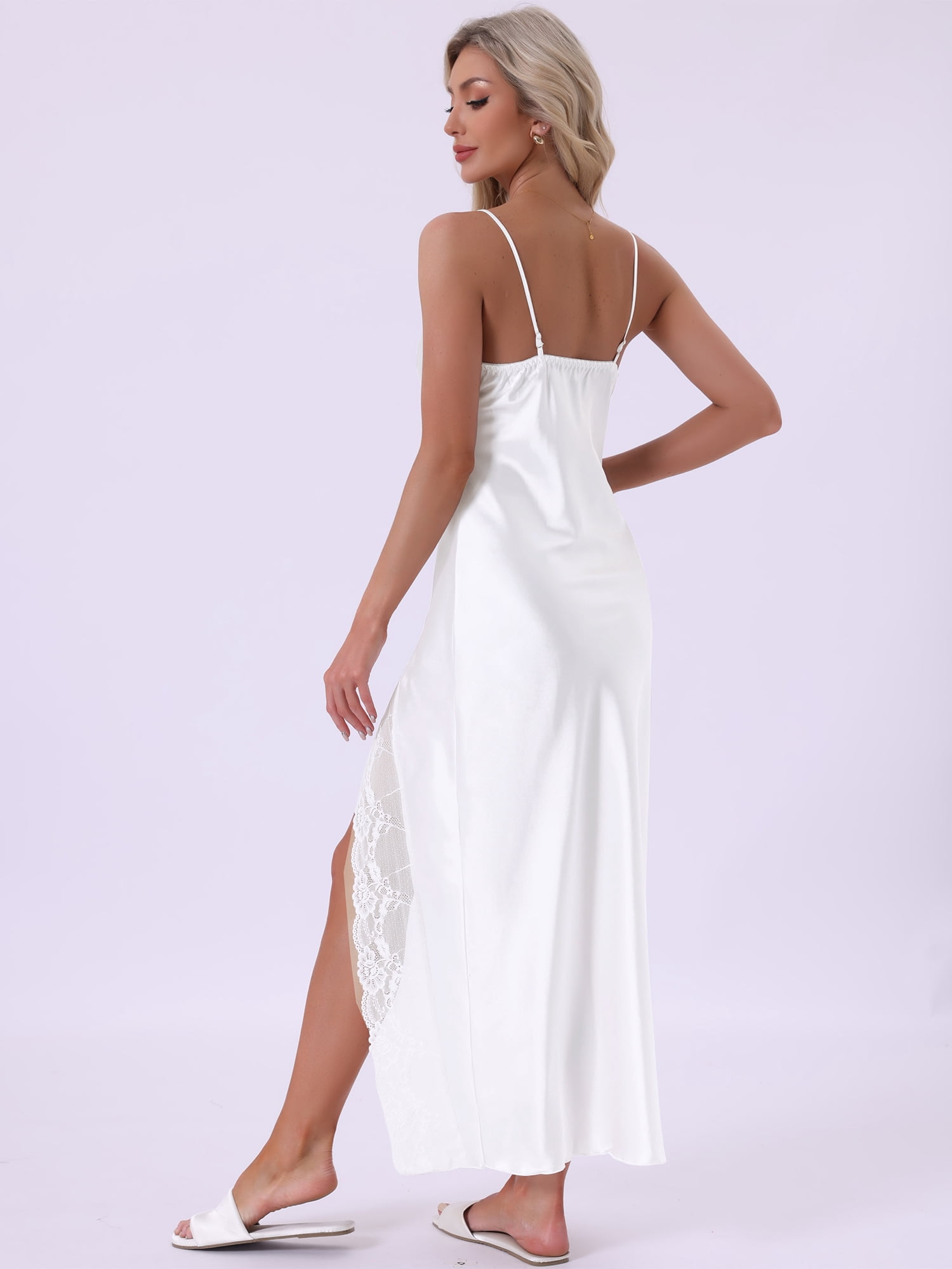 DARING DIVA Women's Long Satin Lace Slit Slip Lingerie V Neck Silky Chemise L White