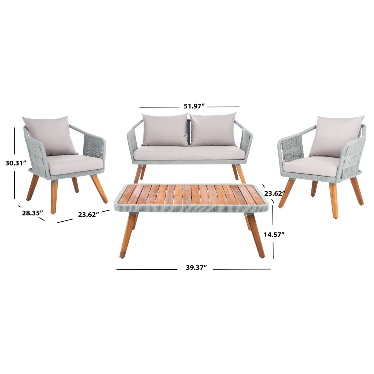 SAFAVIEH Raldin Rope 4 Pc Living Set 13 in. H Seat, Light Grey/Grey