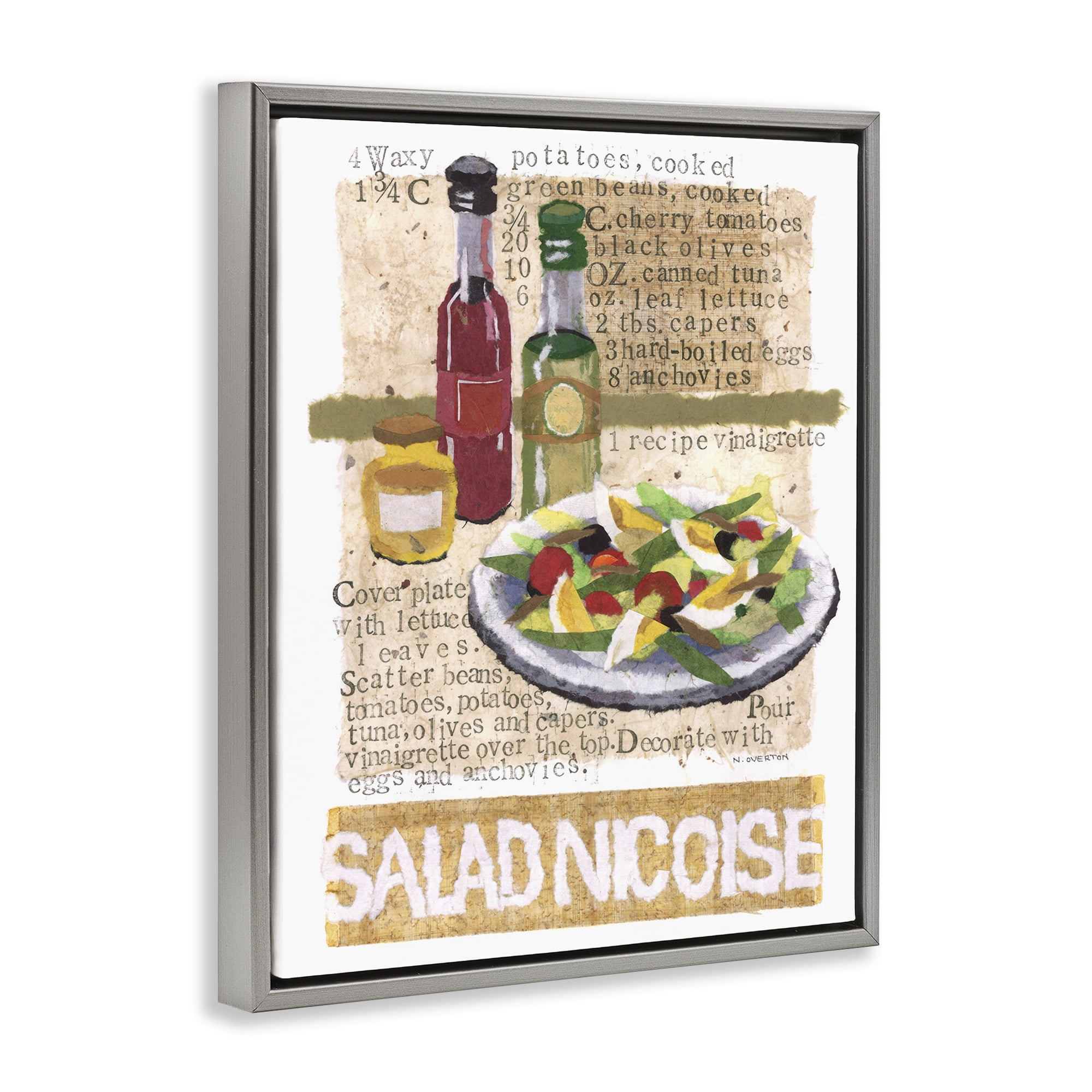 Stupell Industries Salad Nicoise Recipe Food & Beverage Painting Gray Floater Framed Art Print Wall Art, 17 x 21