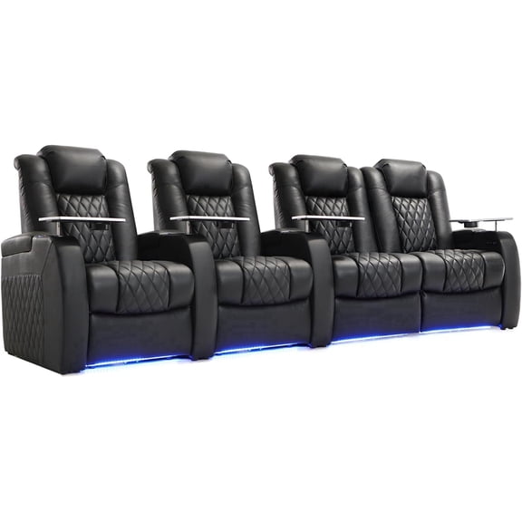 Home Theater Seating Top Grain Leather Recliner Chair Dual Power Movie Gaming Sofa Electric Headrest with Tray Table Type-C USB Charge Cup Holders (Row of 4 Loveseat Right, Black)