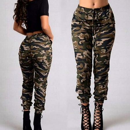 

Taluosi Women Casual Drawstring Pockets Long Skinny Pants Ankle Tied Camouflage Trousers