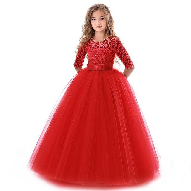 Robe Longue en Dentelle Florale Vintage pour Filles Manches 3/4 Robe de Soirée de Mariage Robe de Danse Formelle