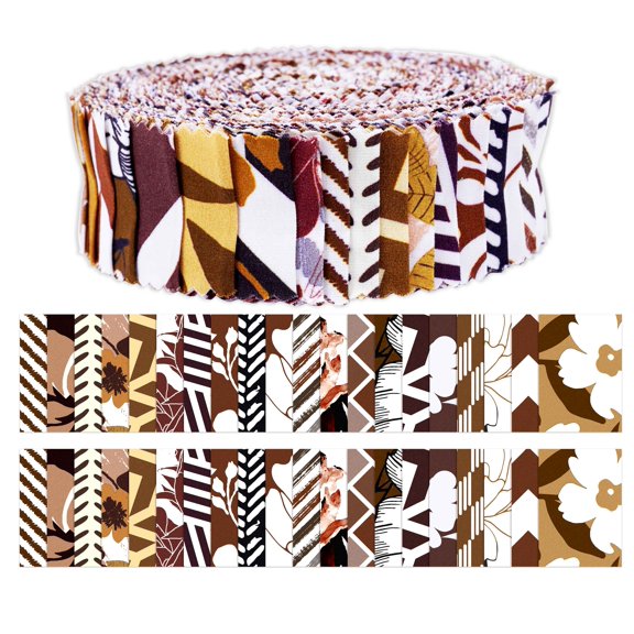 Soimoi 40Pcs Floral Print Precut Fabrics Strips Roll Up 1.5x42inches Cotton Jelly Rolls For Quilting - Brown