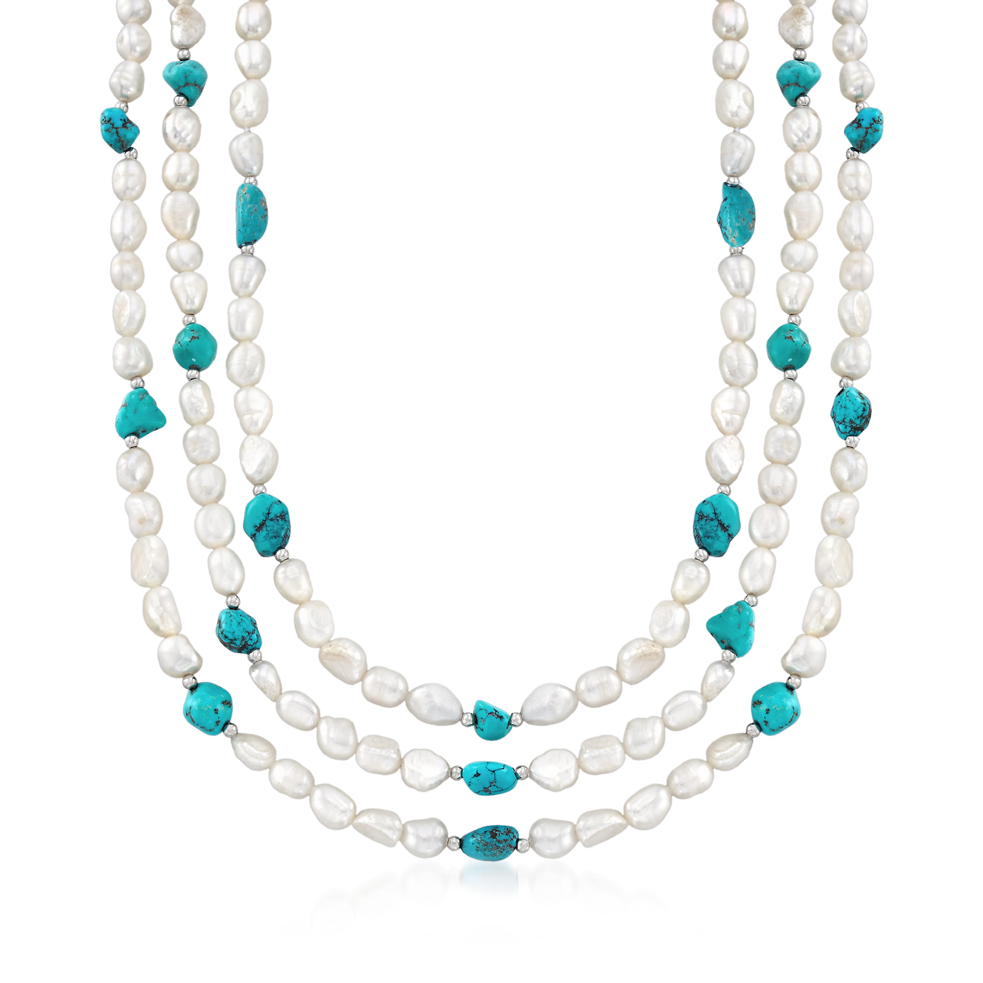 Turquoise Cultured Pearl Rope Style Accent Necklace 925 Sterling Silver New 