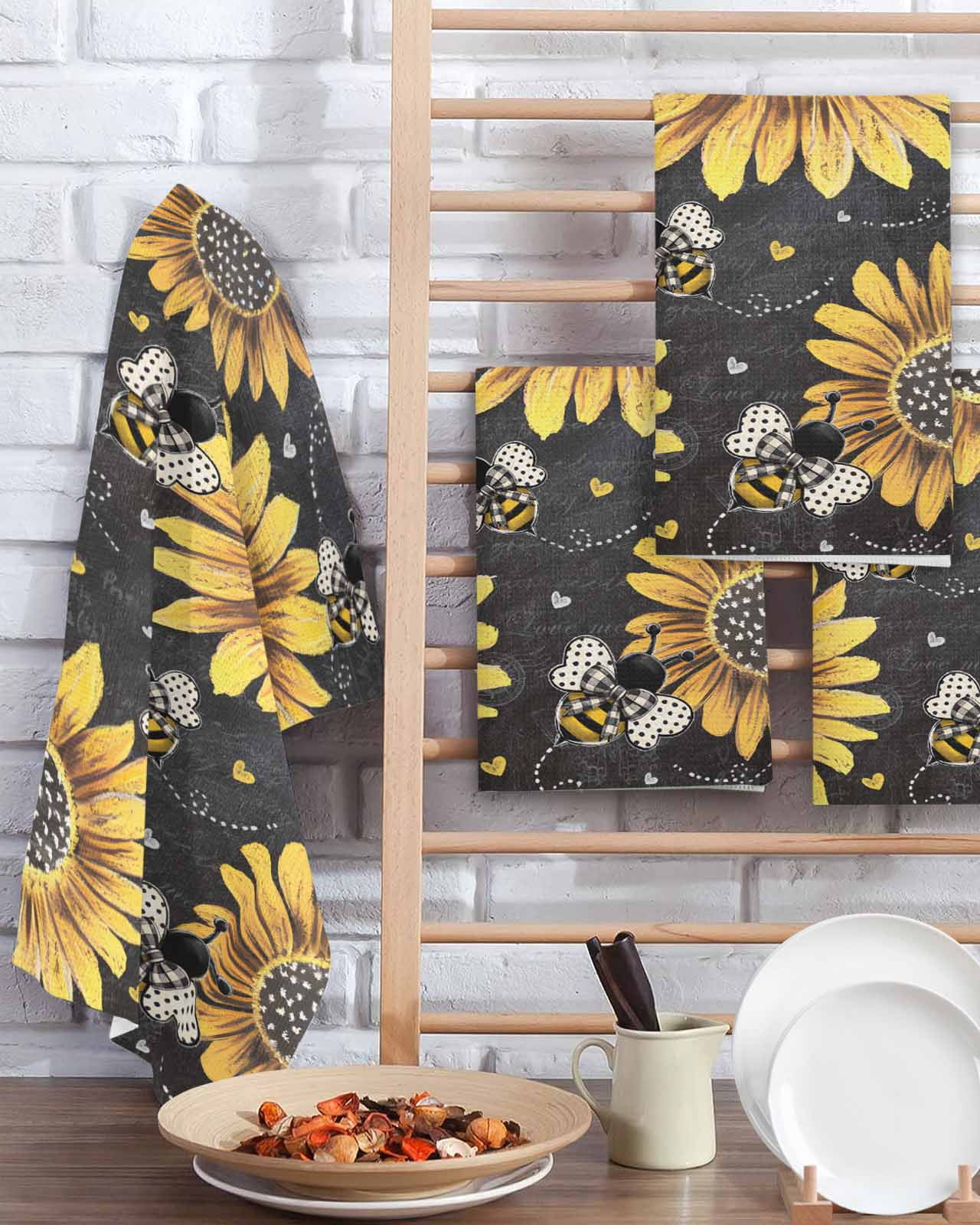 Sunflower Bee Kitchen Dish Towels for Drying Dishes Set of 4, Black Yellow Farm Flower Spring Summer Waffle Weave Microfiber Terry Hand Tea Bathroom Towels Quick Dry & Absorbent Towel 15.7x23.6