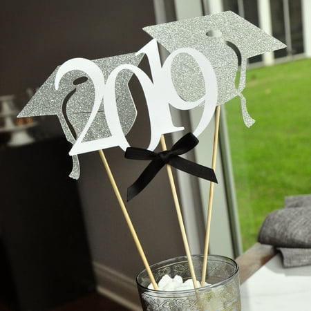 Graduation Party Cap - Graduation Party Decoration. (2 Single Graduation Cap Sticks and 1 Single 2019 Stick). White and Silver Centerpiece for Graduation Party. Handmade in 2-5 Business Days. Graduation Centerpieces.