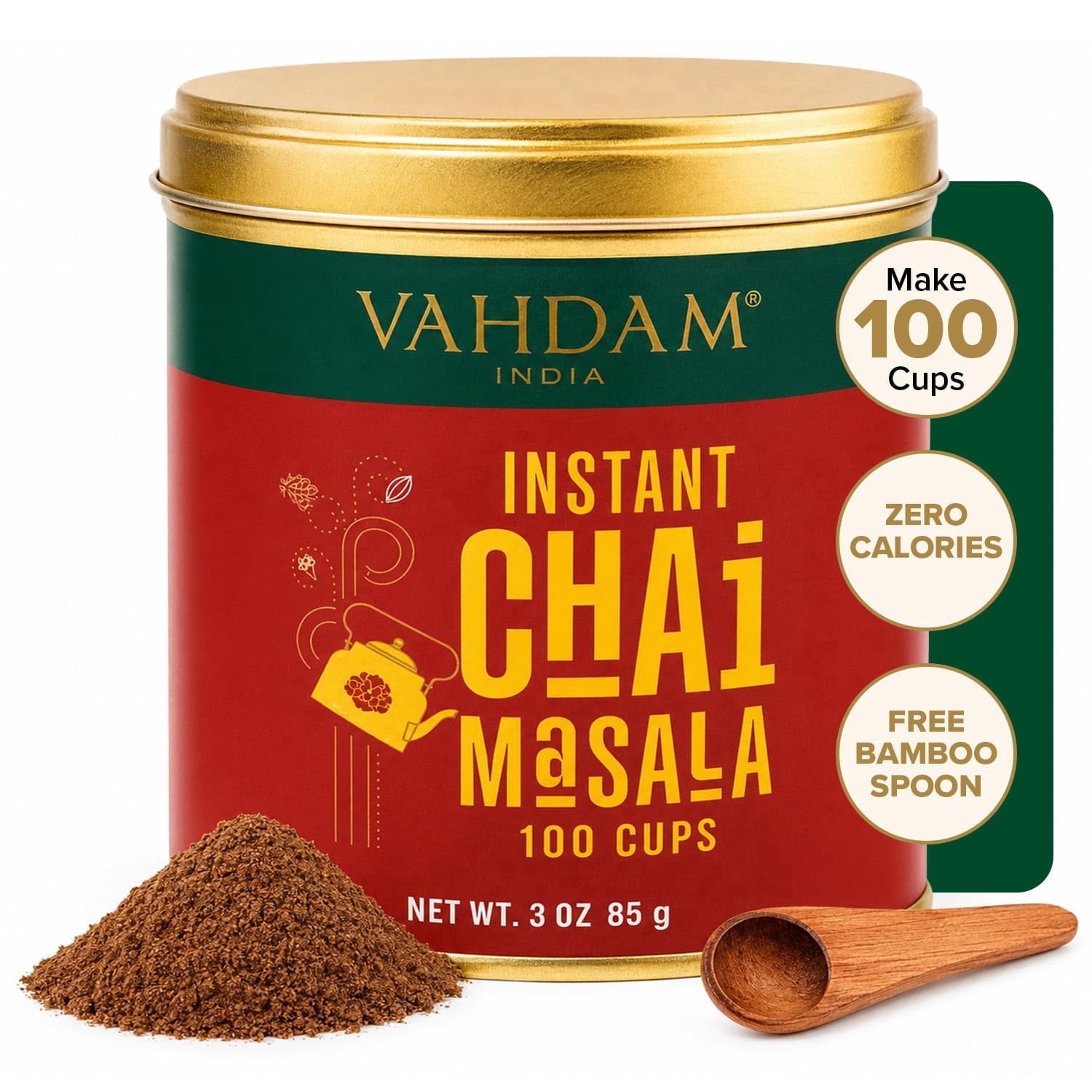 VAHDAM Instant Chai Tea (3oz/85g) - Traditional Masala Chai | Makes 100 Cups | Natural Spices, Zero Calories | Instant Indian Tea - No Steeping | Unsweetened Tea Powder | Free Bamboo Spoon Inside
