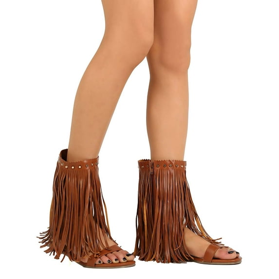 New Women Miss L Bewitch PU Open Toe Studded Mid Calf Hanging Fringe Sandal