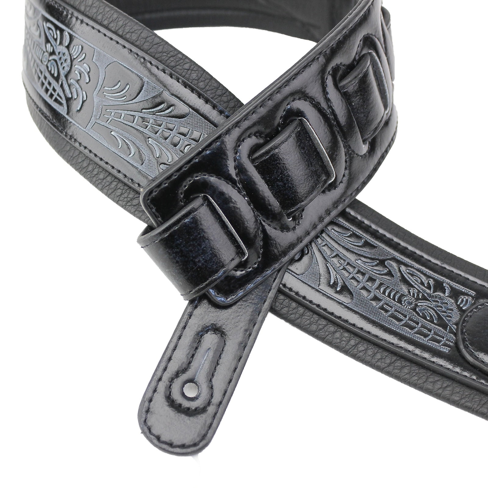 Walker /& Williams G-118 Black on Black Padded Guitar Strap with Embossed Tooling /& Padded Glove Leather Back