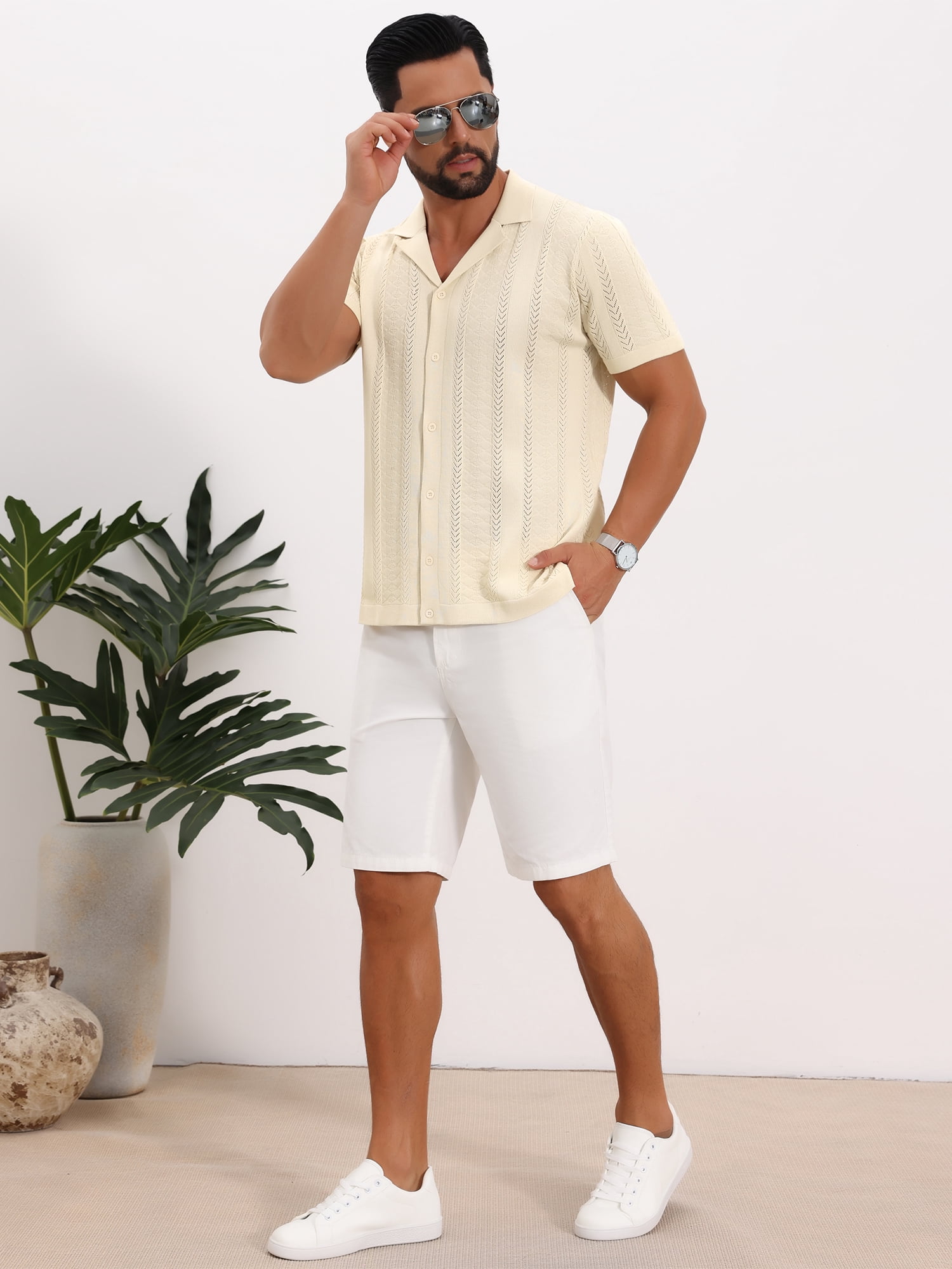 DARING DIVA Men's Hollow Knitted Shirt Short Sleeve Button Down Striped Shirts XL Beige