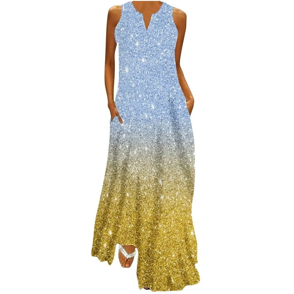pimelu Dresses for Women Wedding Guest Dresses for Women Evening Party Loose Formal Tank Maxi Dresses with Pocket Summer Fashion Sequin Sleeveless V-Neck Girls Long Dresses