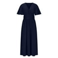 thumbnail image 4 of Vestido Maxi de Manga Larga para las Mujeres Caída Sólido de Manga Corta Cuello en V Plisado Vestido Maxi Midi, Cintura Elástica Boho Vestido de Playa con Bolsillos, 4 of 9