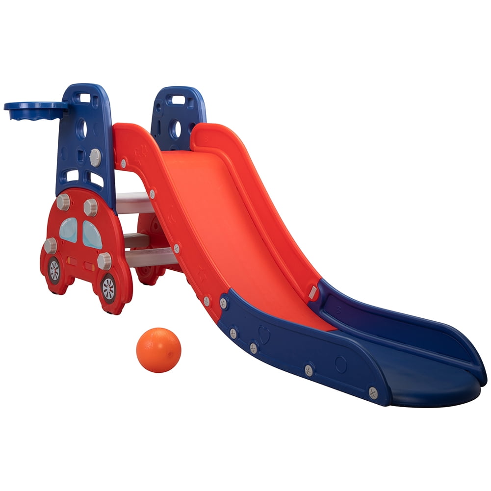 Private Jungle Freestanding Slides for Kids, Baby Slide Indoor/Outdoor Climber Toddler Slide with Basketball Hoop&Ball,Red-Blue