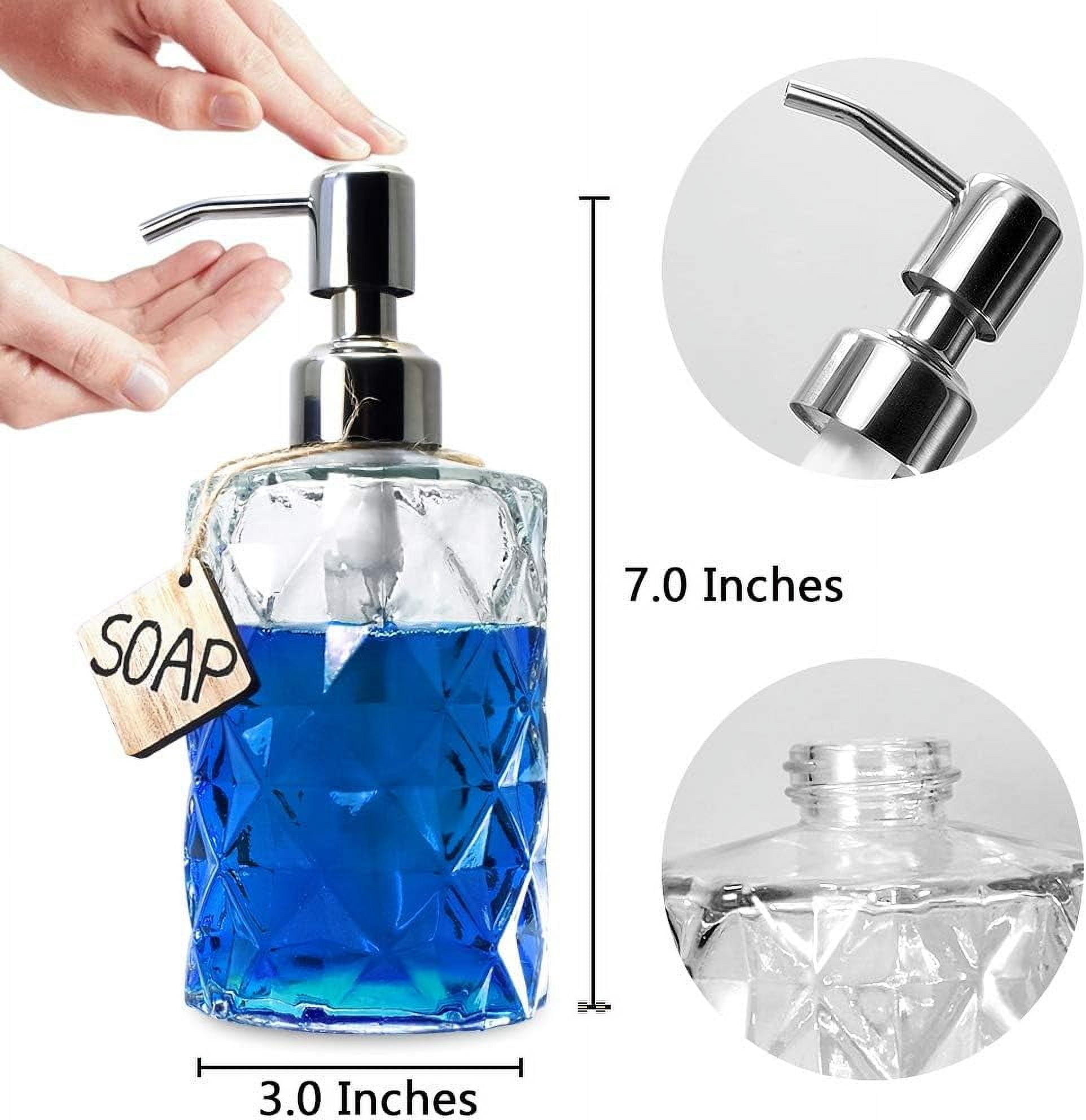 Diamond Design 12 Oz Glass Soap Dispenser, Kitchen soap Dispenser with 304 Rust Proof Stainless Steel Pump, Bathroom for Hand Soap, Lotion(Clear).