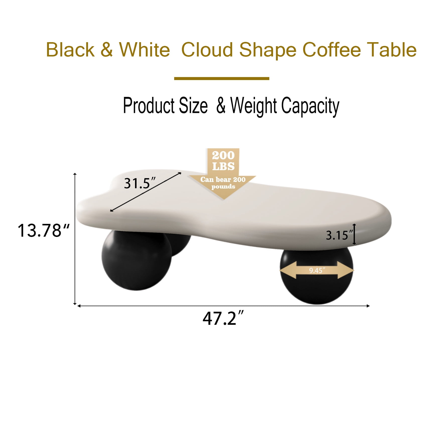 47 Inch Cloud Shaped Coffee Table with 3 Ball Legs for Living Room, White Top Black Legs