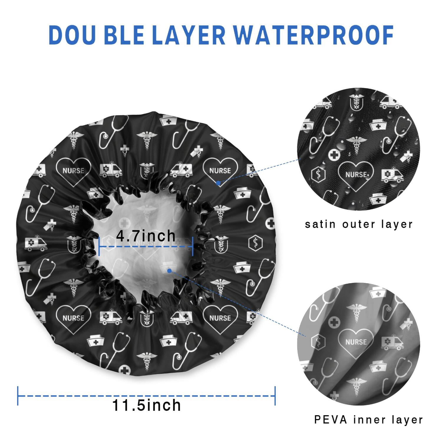 Shower Caps,Black White Medical Symbol Pattern Waterproof Shower Cap for Women 4 Pieces,Double Reusable Hair Cover for Shower PEVA Elastic Stretch Hem