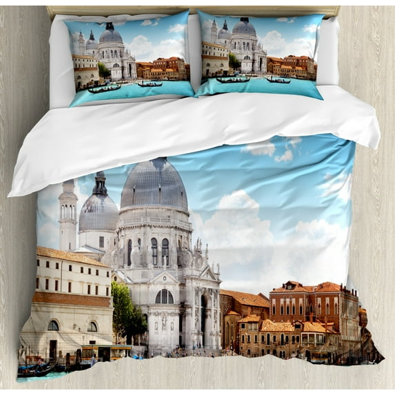 Venice Duvet Cover Set King Size, Grand Canal And Basilica Santa Maria Della Salute Italian Architecture, Decorative 3 Piece Bedding Set with 2 Pillow Shams, Blue White Pale Coffee, by Ambesonne