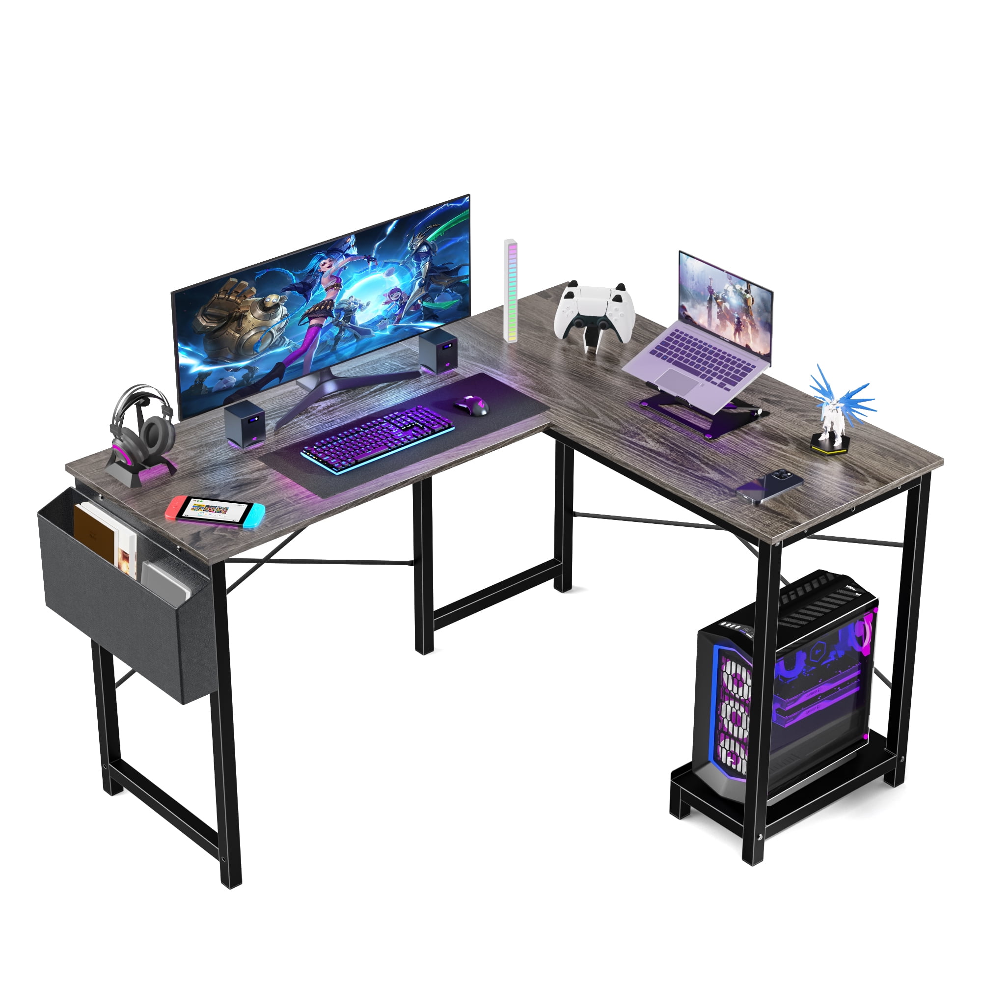 MAYEERTY L Shaped Computer Desk Study Writing Desk with CPU Stand Side Bag, Rustic