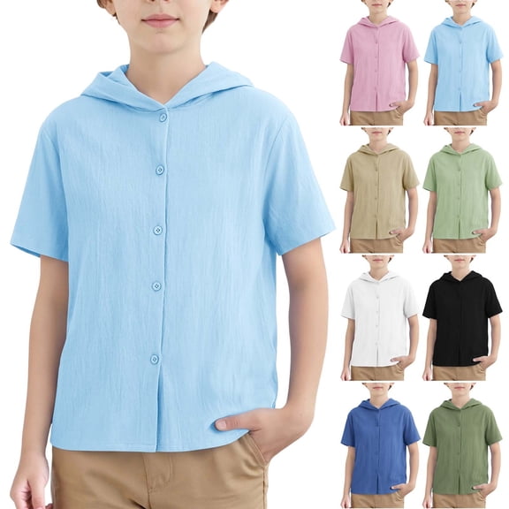 Bovxnpu Boys Hooded Short Sleeve Tshirt Solid Hooded Linen Cotton Tshirt For Boys Casual Tees