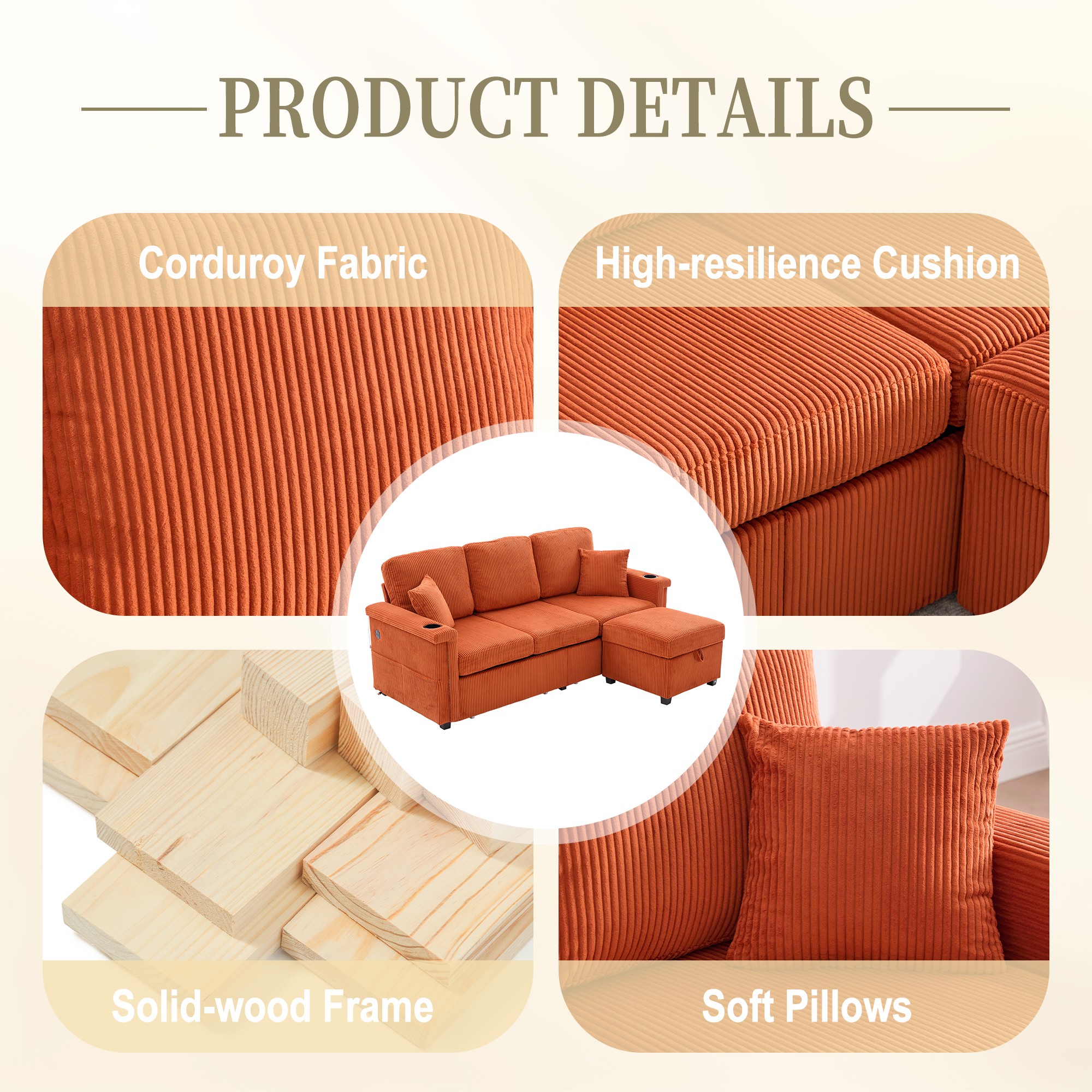 L-Shaped Sectional Sofa,Corduroy Convertible 3-Seat Sofa Couch with Pull-Out Storage,Ottoman for Living Room,Apartment,Orange