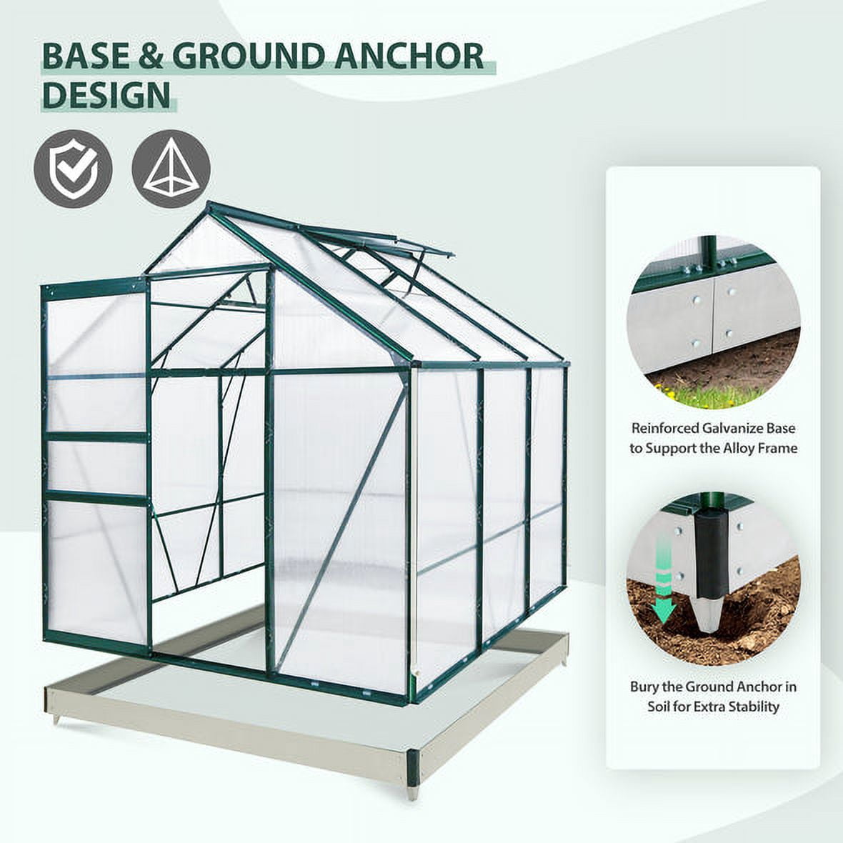 EAGLE PEAK 6x6x7 Outdoor Walk-in Hobby Greenhouse, Polycarbonate Aluminum Greenhouse with Adjustable Roof Vent and Rain Gutter, Base and Anchor, Dark Green