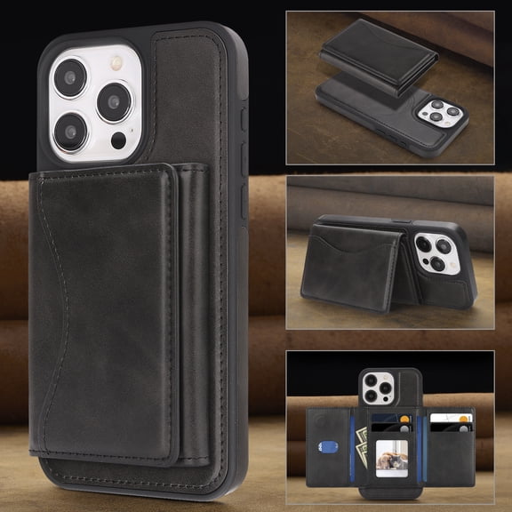 ELEHOLD Detachable Wallet Case for iPhone 15 Pro Max, RFID Blocking Magnetic Shockproof Leather Phone Case with Kickstand and Card Slots,Black