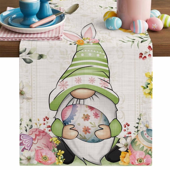 Easter Gnome Table Runner, Spring Floral Leaf Botanical Gnome Colorful Eggs Linen Texture Cotton Linen Kitchen Table Decoration Washable Dining Tabletop Runners for Home Party Decor 13x60 Inches
