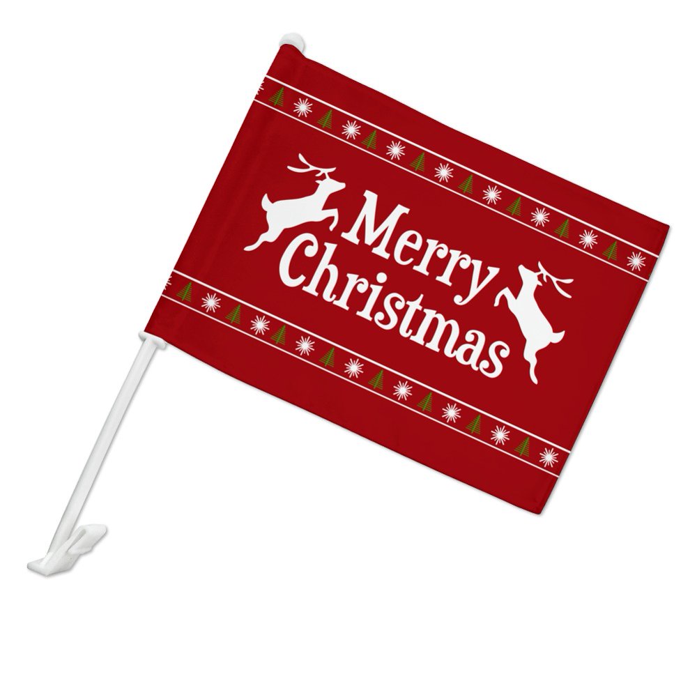 Merry Christmas Holiday Reindeer Car Truck Flag with Window Clip On