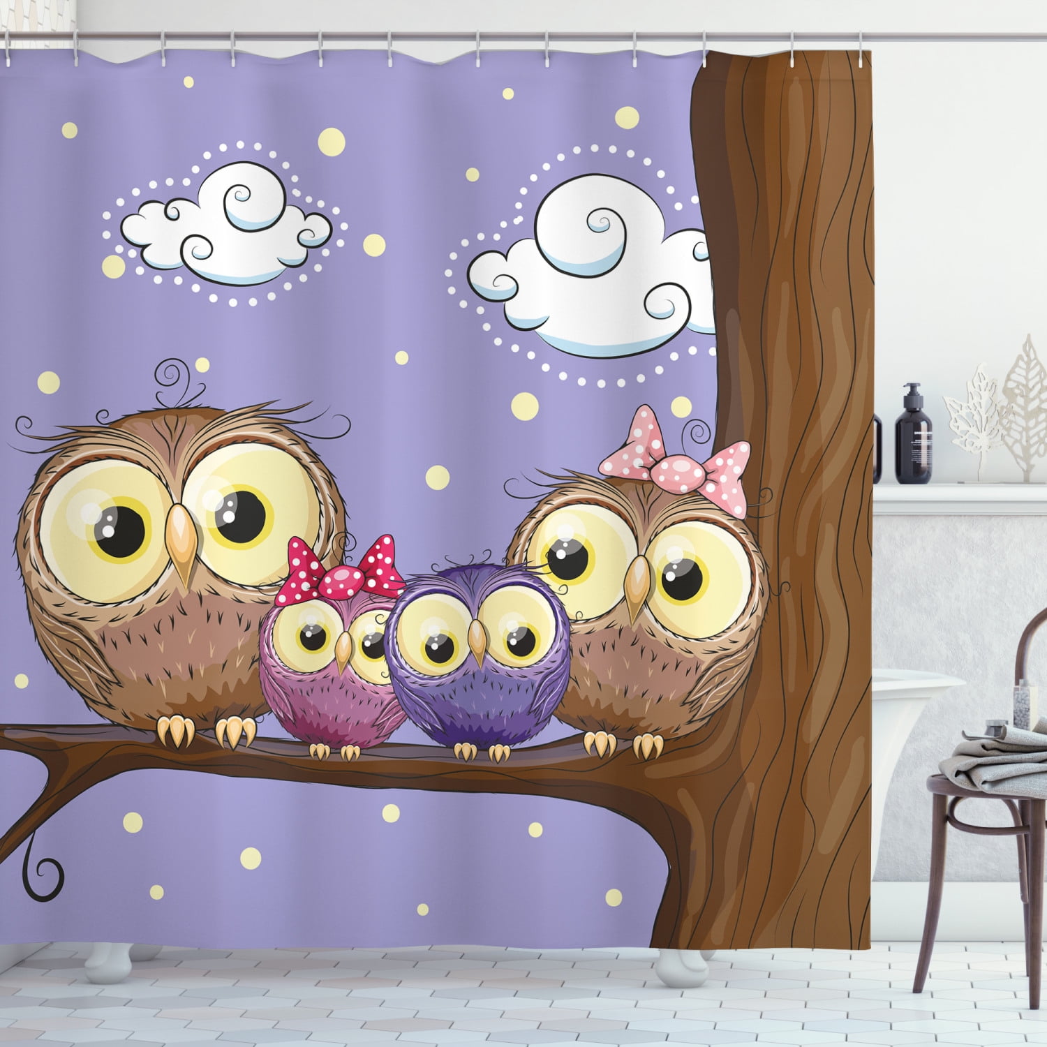 Kids Shower Curtain, Cartoon Style Owl Bird Family Mother Father Daughter  Son Sitting on a Branch, Fabric Bathroom Set with Hooks, 69W X 75L Inches  Long, Brown and Lavander, by Ambesonne -