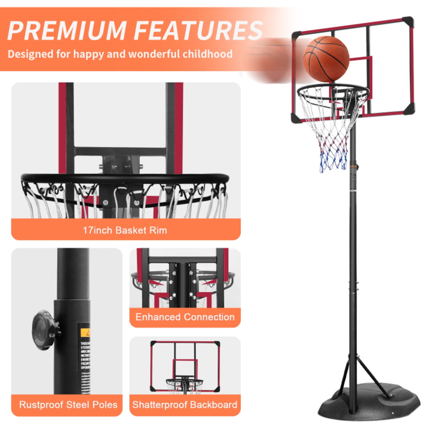 Portable Basketball Hoop System Stand Height Adjustable 7.5ft 9.2ft With 32 Inch Backboard And Wheels For Youth Adults Indoor Outdoor Basketball Goal