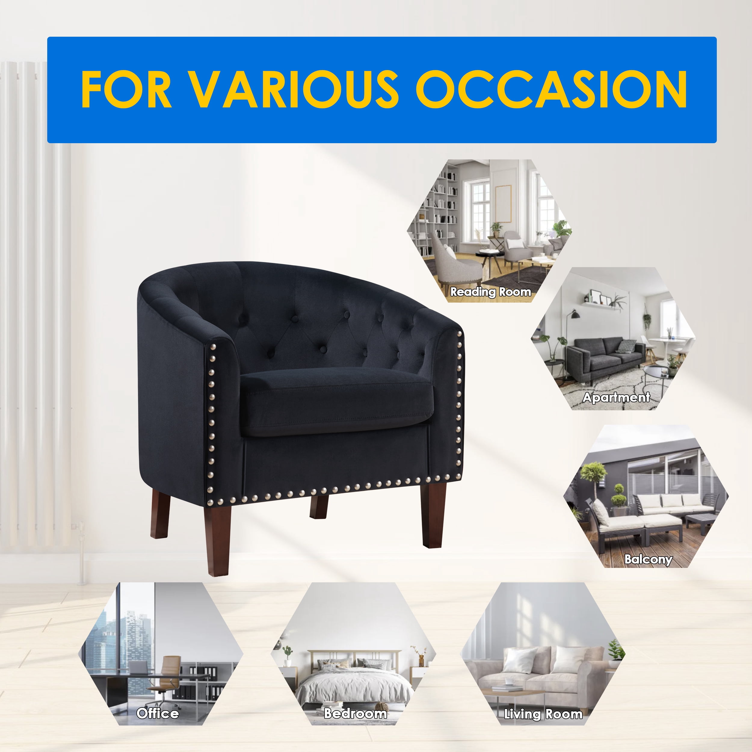 TrumanPick Accent Barrel Chair Velvet Upholstered Club Chair Nailhead Trim Armchair for Living Room, Black