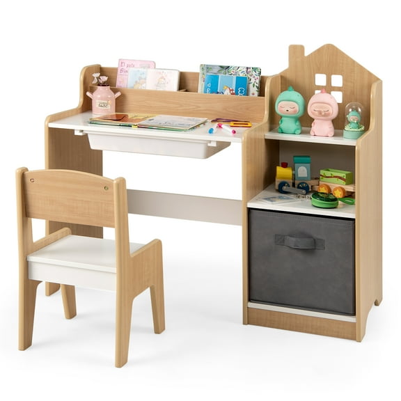 Topbuy Kids Study Desk and Chair Set Children Study Table w/Open Shelves