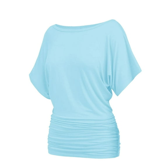Womens Casual T Shirts Dolman Top Breathable Basic Short Sleeve Shirts Boat Neck Ruched Tops Summer Lightweight Clothes
