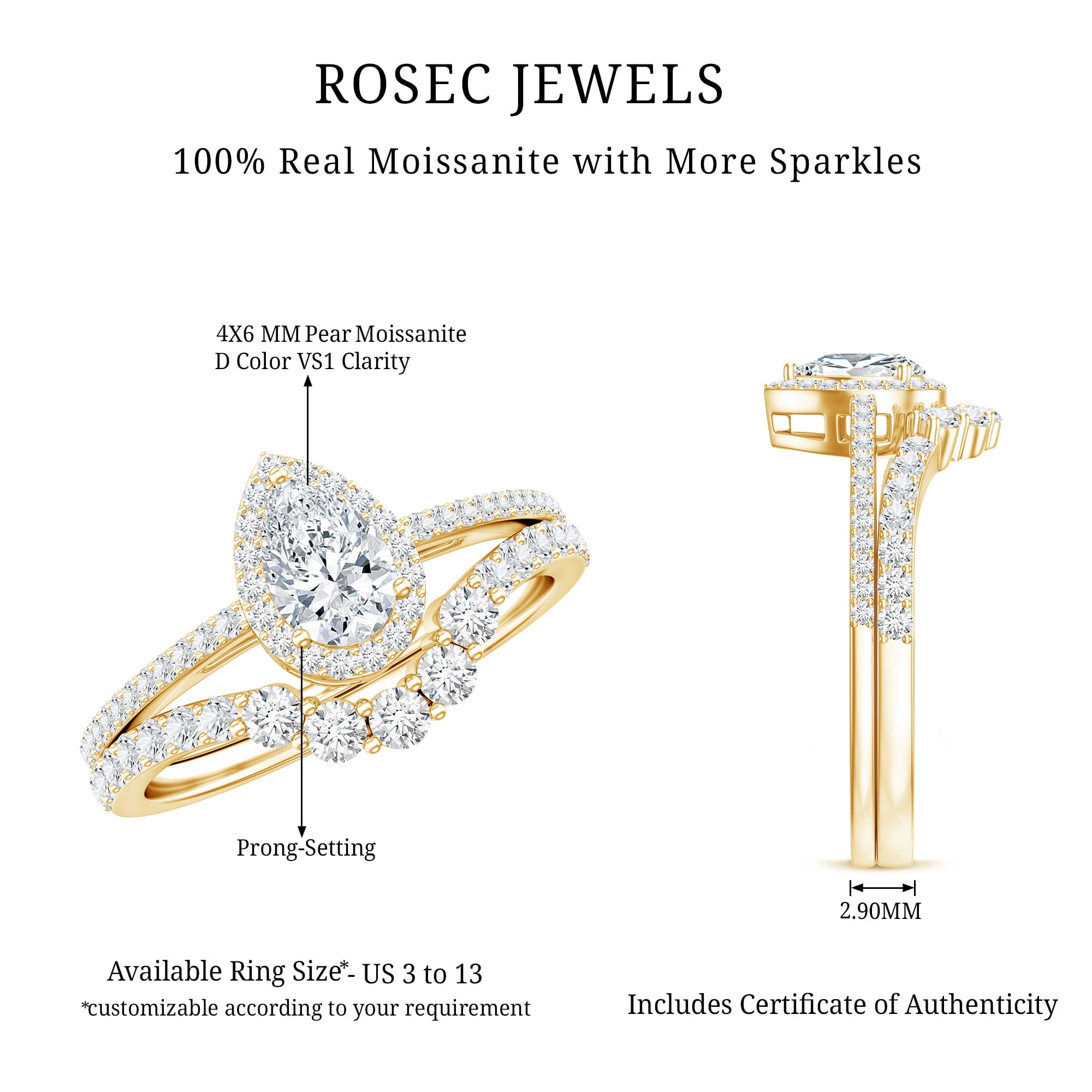 Rosec Jewels Moissanite Wedding Ring Set for Women - D-VS1 Quality Pear Shaped Engagement Ring with Curved Band, 10K Yellow Gold, US 5.50