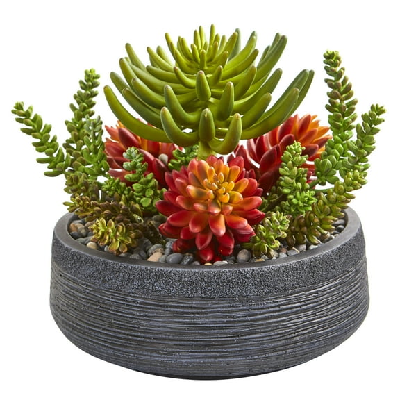 Nearly Natural 12" Plastic/Polyester Succulent Garden Artificial Plant in Bowl, Red