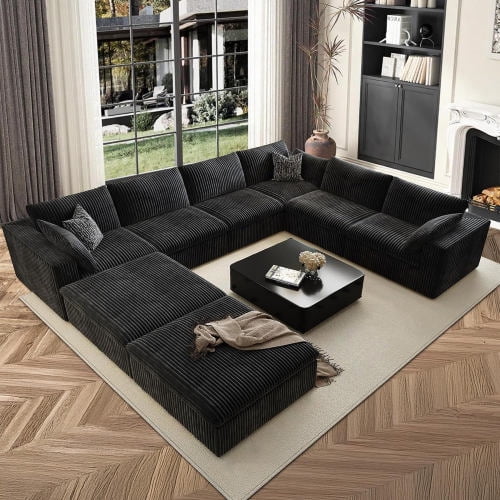 Cloud Couch 157.6-Inch 8-Seat Oversized Modular Sectional Sofa, Corduroy Boneless U-Shaped with Ottoman, Black for Living Room