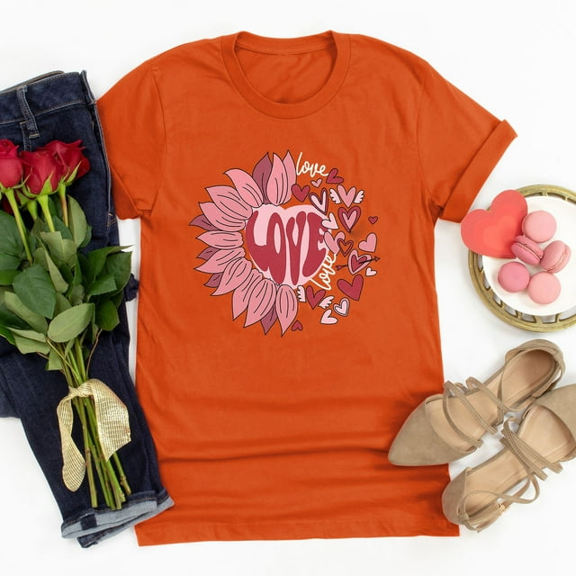Meichang T-Shirts Joyeuse Saint-Valentin pour Femmes Imprimé Cœur Mignon Hauts Col Rond Manches Courtes T-Shirts de Vacances Saint-Valentin