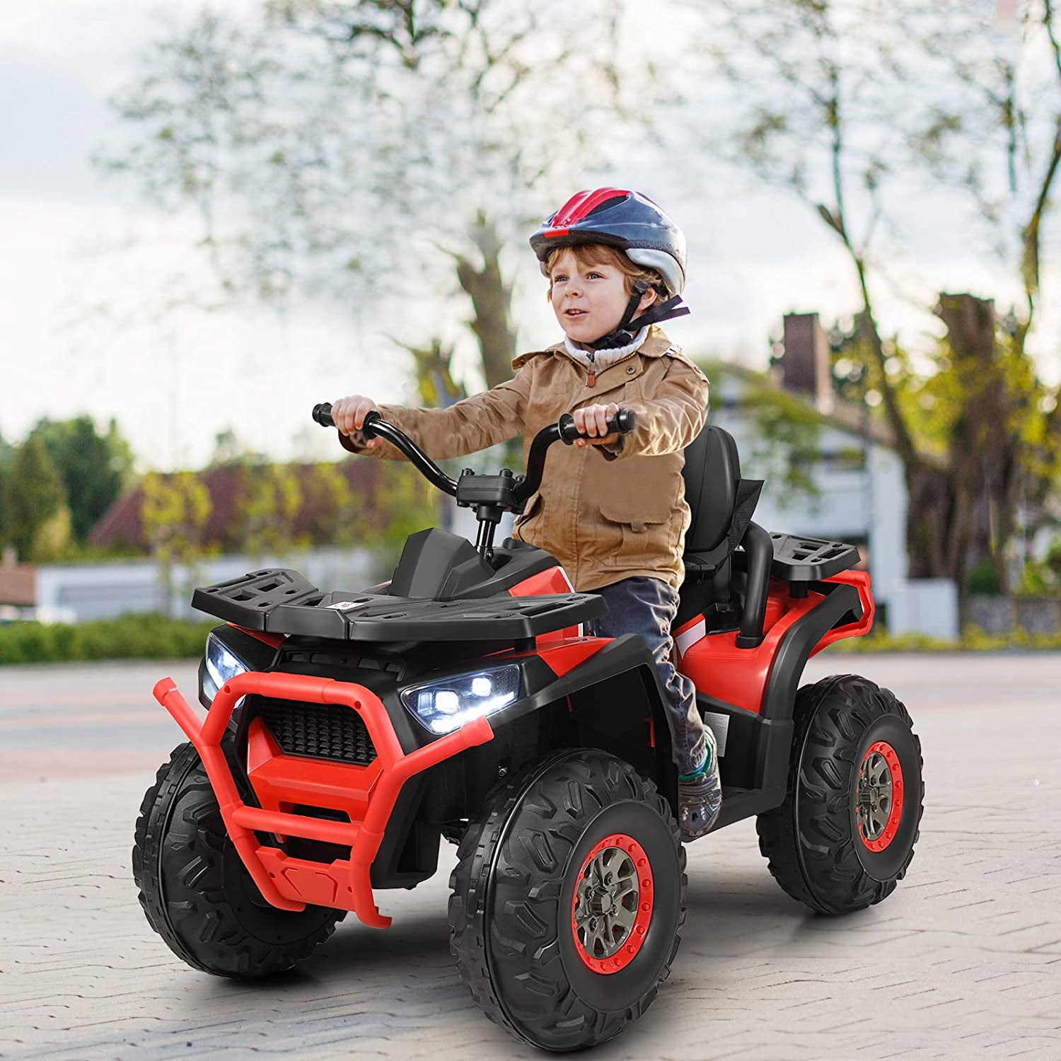 Private Jungle Ride on ATV,12V Battery Powered Electric Vehicle w/ Safety Belt,LED Lights,Horn,2 Speeds,USB/ MP3/TF,Rear Wheel Motorized Ride on 4 Wheeler Quad Car(Red)