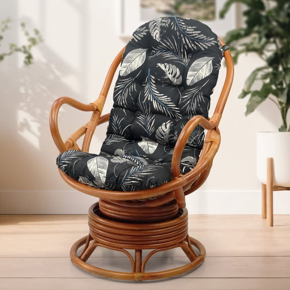 Java Swivel Rocking Lounge Chair Natural Rattan Wicker with Black Leaf Cushion, Colonial Color