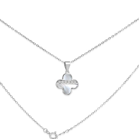 Tilo Jewelry Solid 925 Sterling Silver Mother of Pearl Four Leaf Clover Pendant Necklace with Cubic Zirconia CZ Stones for Women & Unisex | Adjustable 20 Inch to 22 Inch Cable Chain