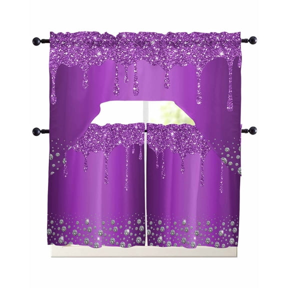 Modern Purple Swag Kitchen Curtains Sets for Windows 24 Inch Length, Abstract Diamond Luxury Gradient Short Window Curtain Panels Swags Valances and Tiers 3 Piece Set for Cafe/Dining Room