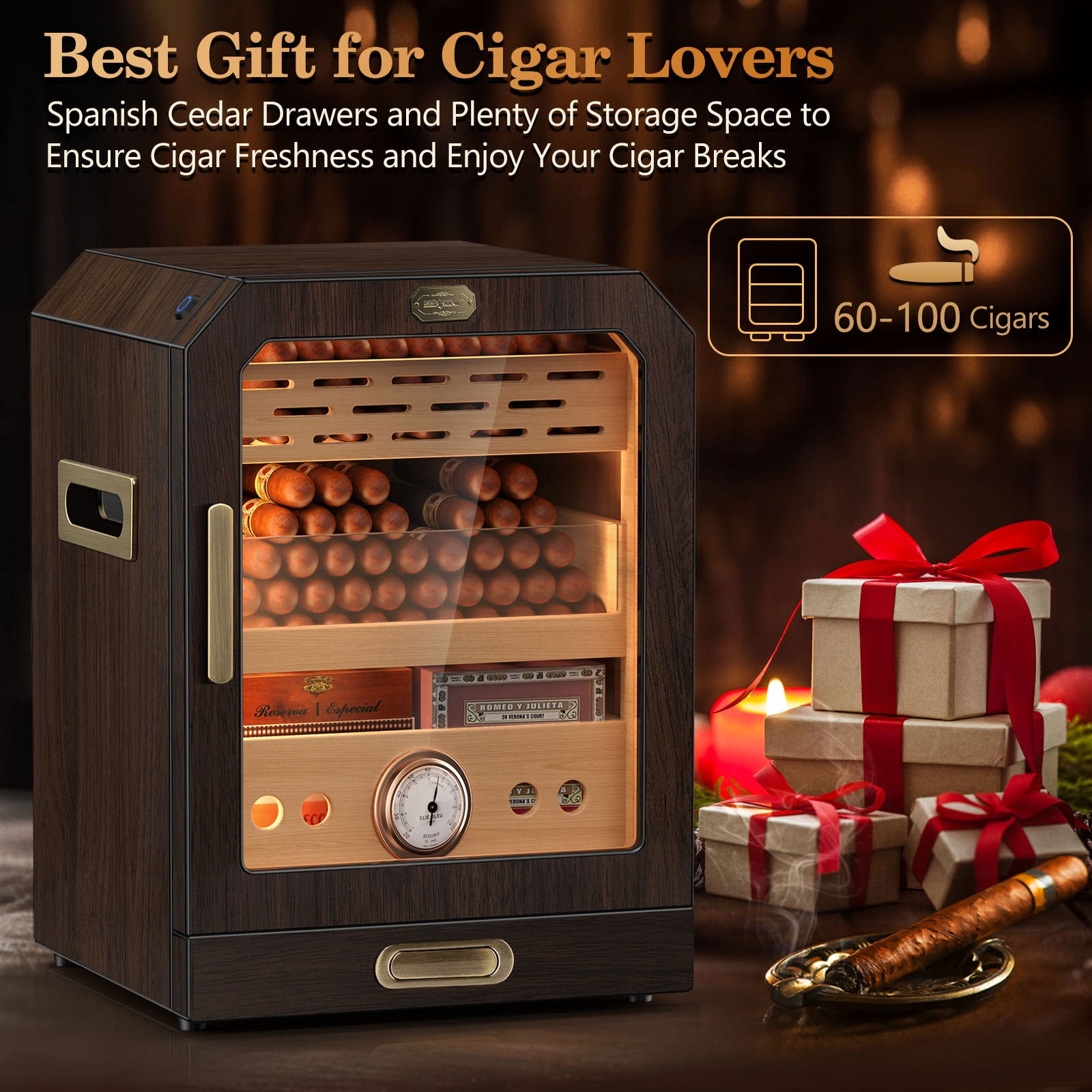 Electric Cigar Humidor Lighted Control Magnetic Door Desktop Cigar Humidor Cabinet,with Cigar Accessory Drawer 2 humidifiers 3 Layer Large Capacity Humidor,Hold 100-150 Cigars Gift for Cigar Lover