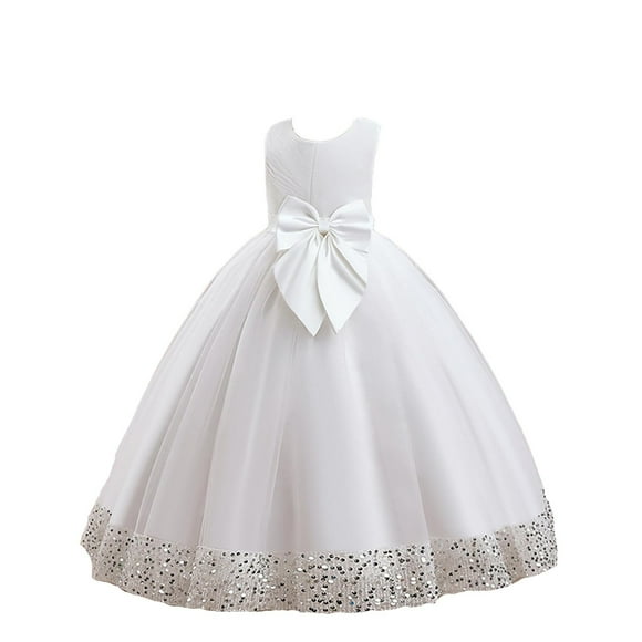 GDREDA Casual Summer Dresses for Girl Children's Sequin Children's Dress Big Bow Dress Girl Flower Girl Dress Kids Dress White,11-12 Years