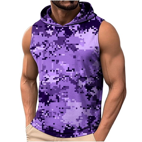 Men's Workout Hooded Tank Tops Sleeveless Gym Training Hoodies Bodybuilding Muscle Cut Off T Shirt Camo Printed