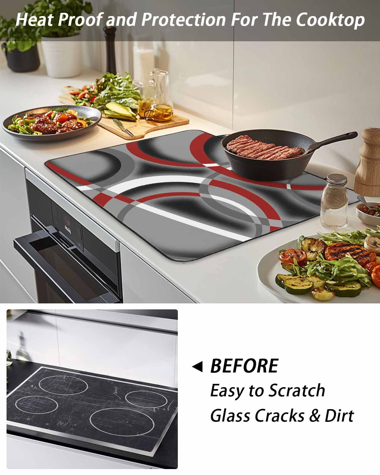 Stove Top Covers for Electric Stove, Grey Geometric Glass Stovetop Cover Protector, Modern Abstract Black White Red Striped Induction Cooktop Protector Oven Mat for Kitchen Countertop 24"x21"