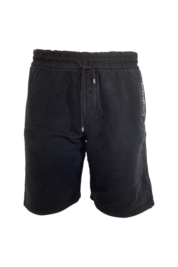 Pre-Owned Saint Laurent Logo Embroidered Drawstring Shorts in Black Cotton