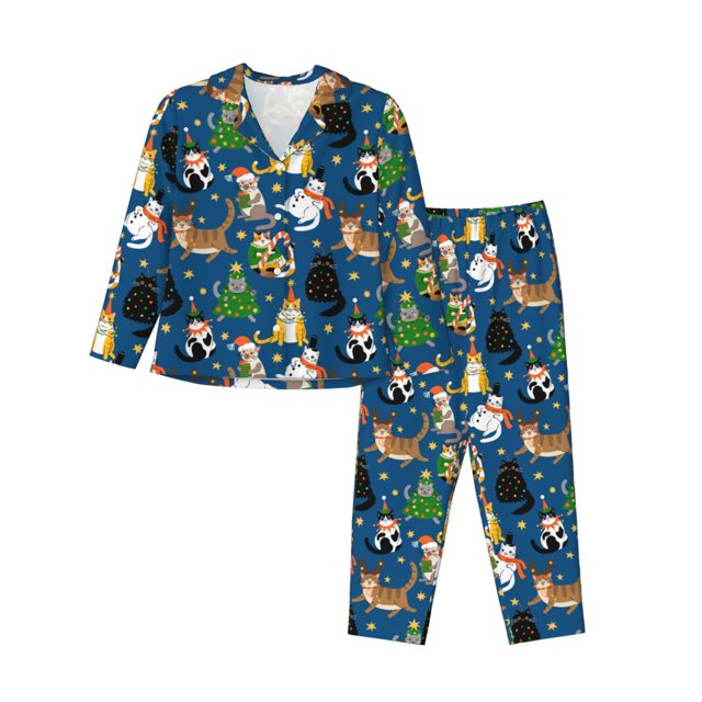 Fotbe Different Cats Christmas Conjunto de Pijama de Manga Larga para Mujer con Estampado, Ropa de Dormir de 2 Piezas, Conjunto de Casa Suave y Cómodo con Bolsillos-Small
