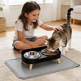 thumbnail image 5 of Elevated Cat Bowls with Food Mat, Splash Proof Anti Vomiting Raised Cat Food and Water Bowl Set, 2 Stainless Steel Dishes for Cats and Puppy, Pet Bowl for Indoor Cats White, 5 of 6