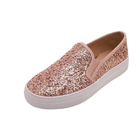 

Feversole Women s Fashion Slip-On Sneaker Casual Platform Loafers Glitter Rose Gold Size 6 M US